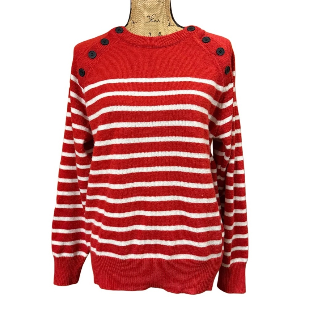 Rusty Red And White Striped Sweater With Button Detail Size L